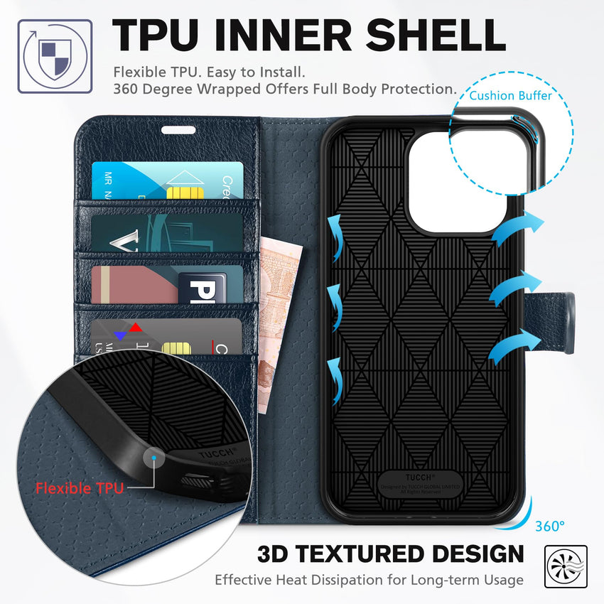 iPhone 15 Pro Max, RFID Blocking 4 Card Holder Kickstand Shockproof TPU Inner Case, PU Leather Magnetic Flip Folio Cover, Black - 7DAY'S