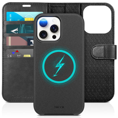 iPhone 15 Pro Max, RFID Blocking 4 Card Holder Kickstand Shockproof TPU Inner Case, PU Leather Magnetic Flip Folio Cover, Black - 7DAY'S