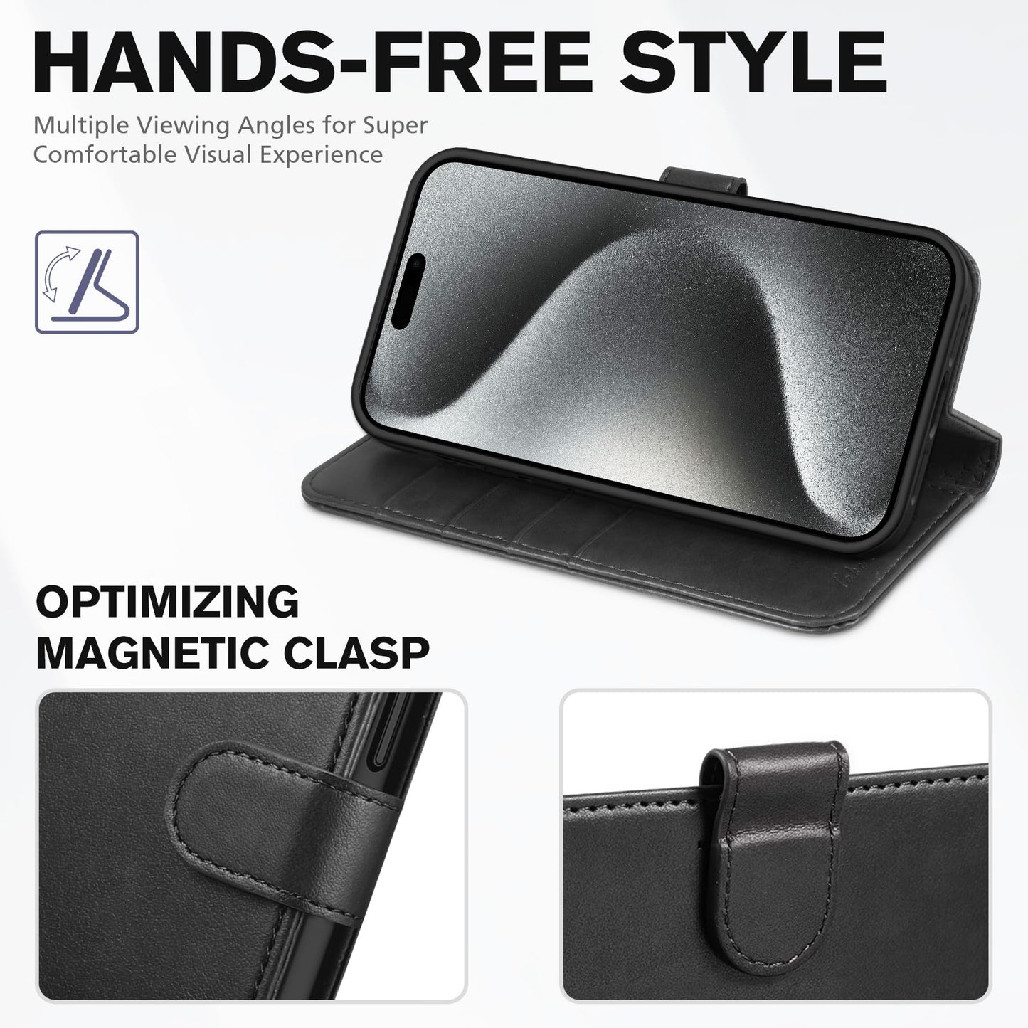 iPhone 15 Pro Max, RFID Blocking 4 Card Holder Kickstand Shockproof TPU Inner Case, PU Leather Magnetic Flip Folio Cover, Black - 7DAY'S