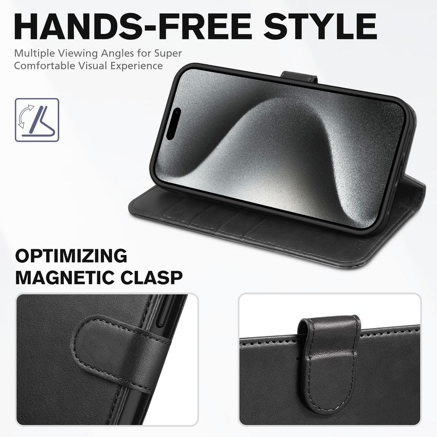 iPhone 15 Pro Max, RFID Blocking 4 Card Holder Kickstand Shockproof TPU Inner Case, PU Leather Magnetic Flip Folio Cover, Black - 7DAY'S