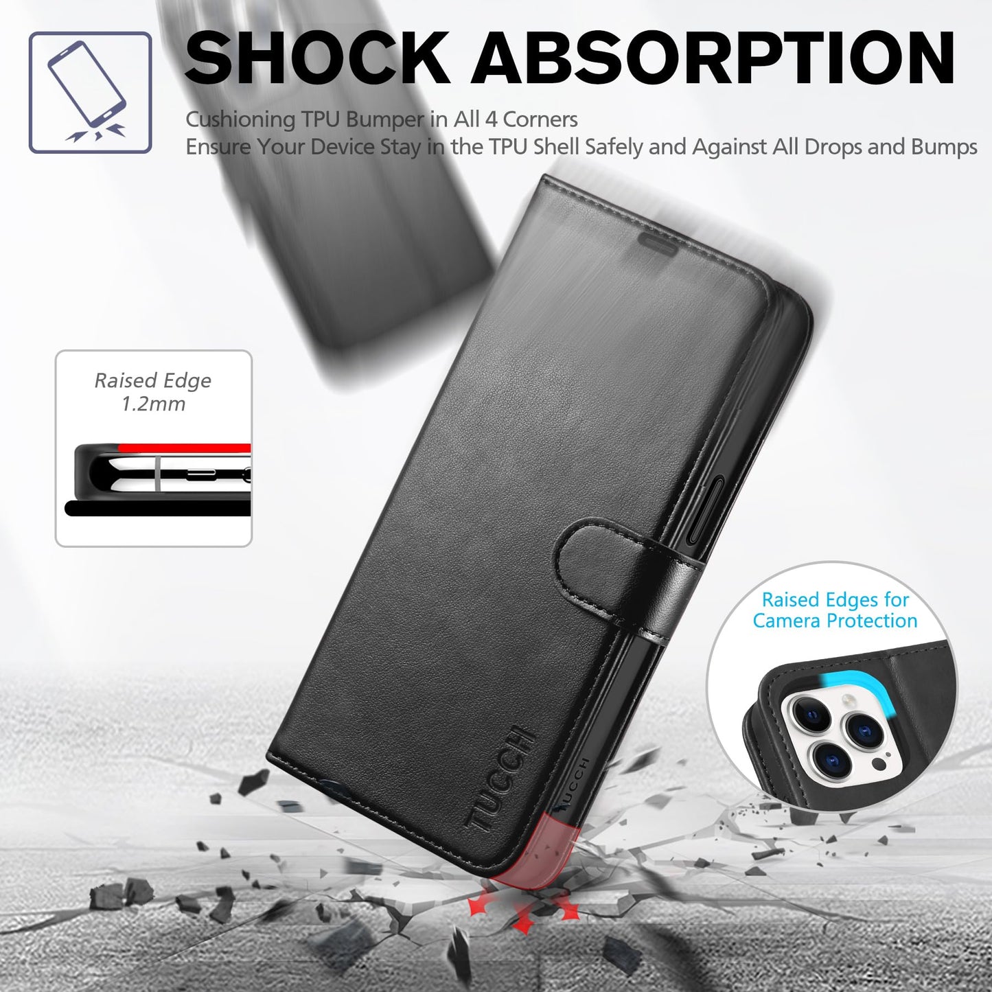 iPhone 15 Pro Max, RFID Blocking 4 Card Holder Kickstand Shockproof TPU Inner Case, PU Leather Magnetic Flip Folio Cover, Black - 7DAY'S