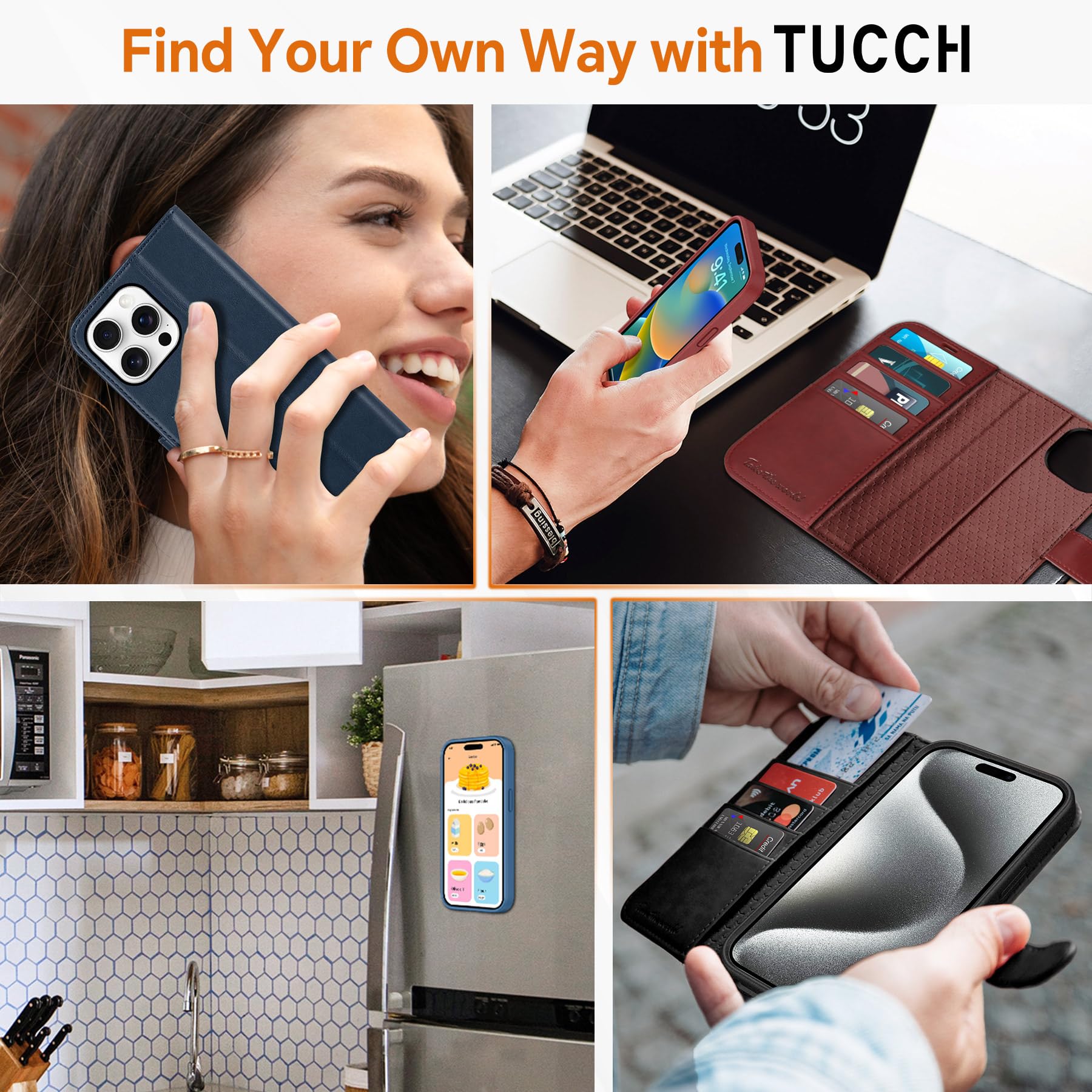 iPhone 15 Pro Max, RFID Blocking 4 Card Holder Kickstand Shockproof TPU Inner Case, PU Leather Magnetic Flip Folio Cover, Black - 7DAY'S
