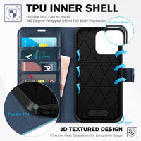 iPhone 15 Pro Max, RFID Blocking 4 Card Holder Kickstand Shockproof TPU Inner Case, PU Leather Magnetic Flip Folio Cover, Black - 7DAY'S