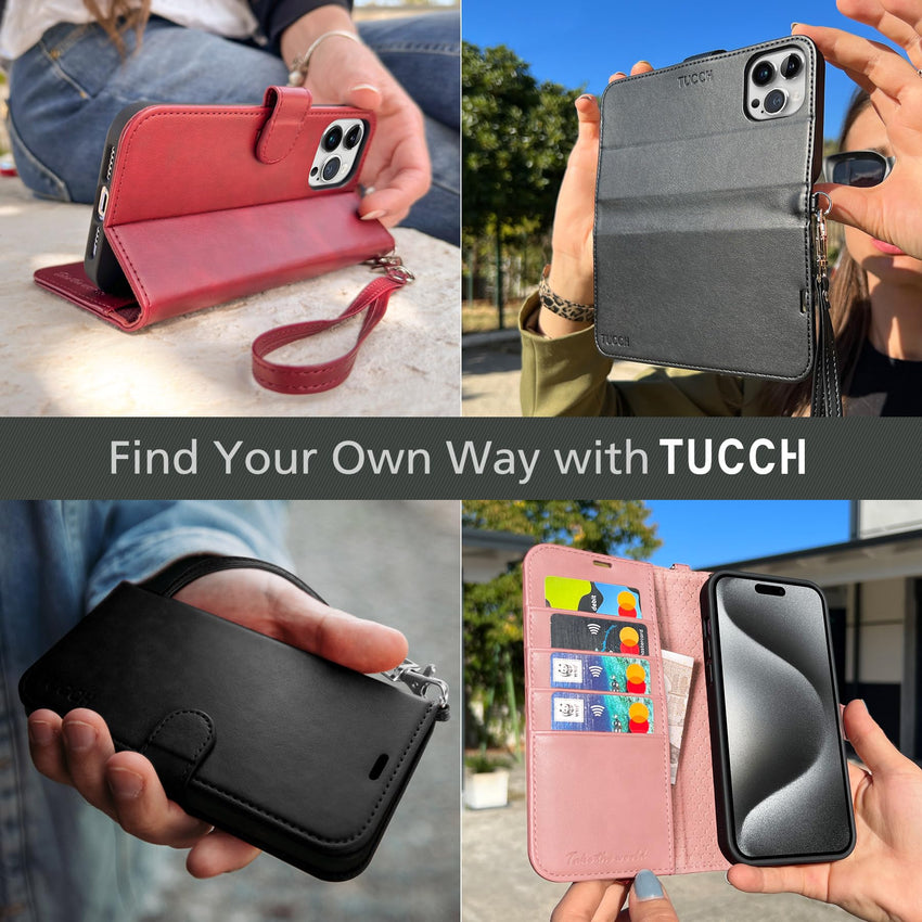 iPhone 15 Pro Max, RFID Blocking 4 Card Holder Kickstand Shockproof TPU Inner Case, PU Leather Magnetic Flip Folio Cover, Black - 7DAY'S