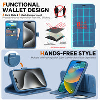 iPhone 15 Pro Max, RFID Blocking 4 Card Holder Kickstand Shockproof TPU Inner Case, PU Leather Magnetic Flip Folio Cover, Black - 7DAY'S