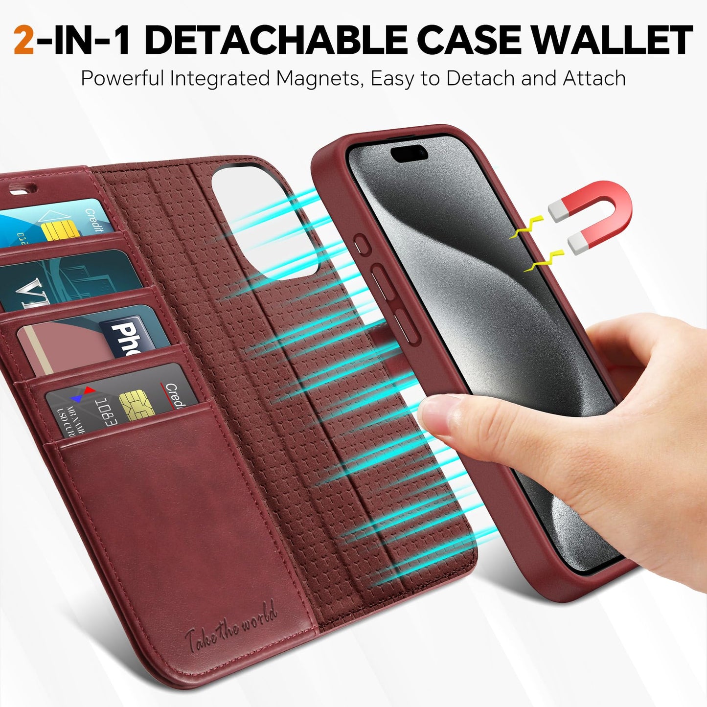 iPhone 15 Pro Max, RFID Blocking 4 Card Holder Kickstand Shockproof TPU Inner Case, PU Leather Magnetic Flip Folio Cover, Black - 7DAY'S
