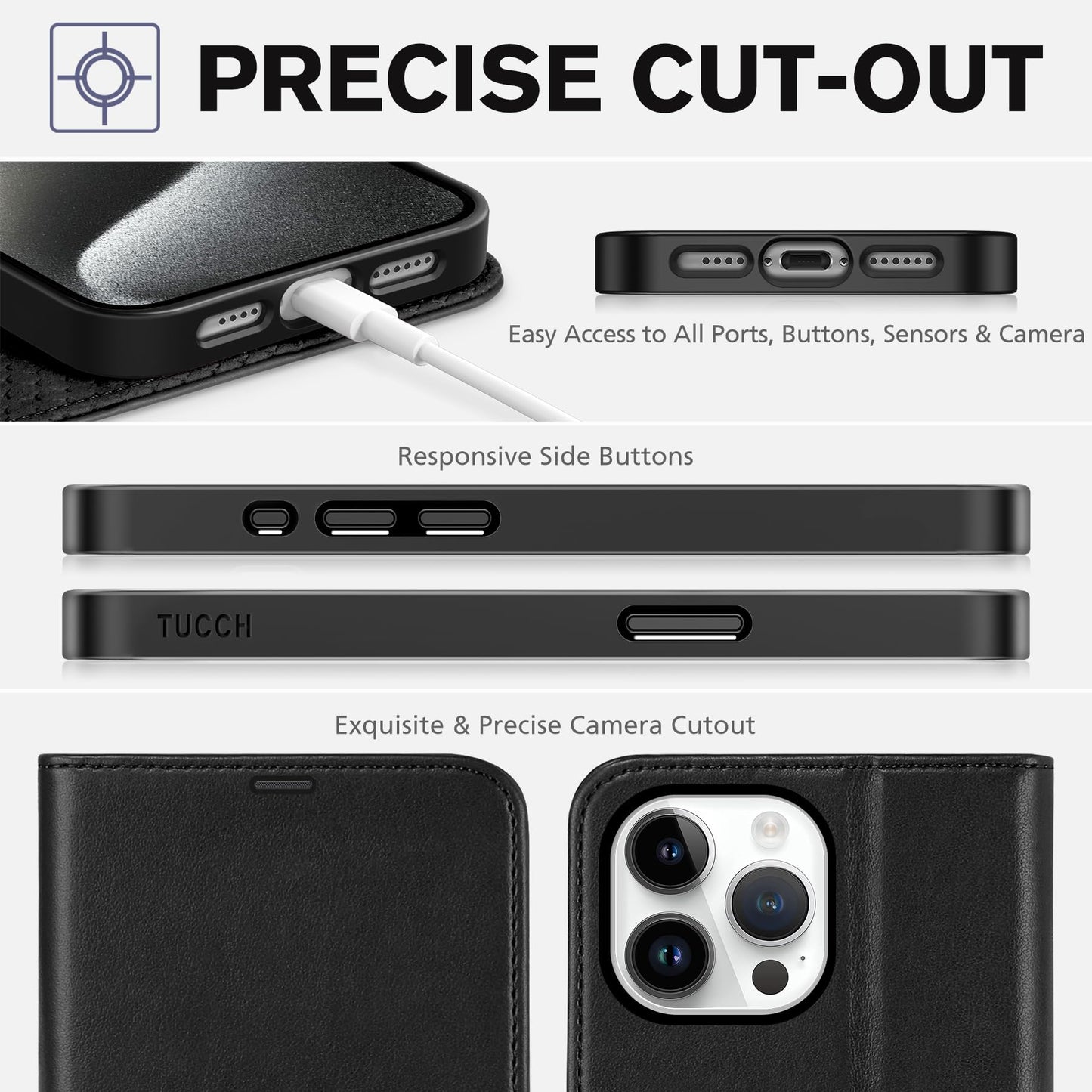iPhone 15 Pro Max, RFID Blocking 4 Card Holder Kickstand Shockproof TPU Inner Case, PU Leather Magnetic Flip Folio Cover, Black - 7DAY'S