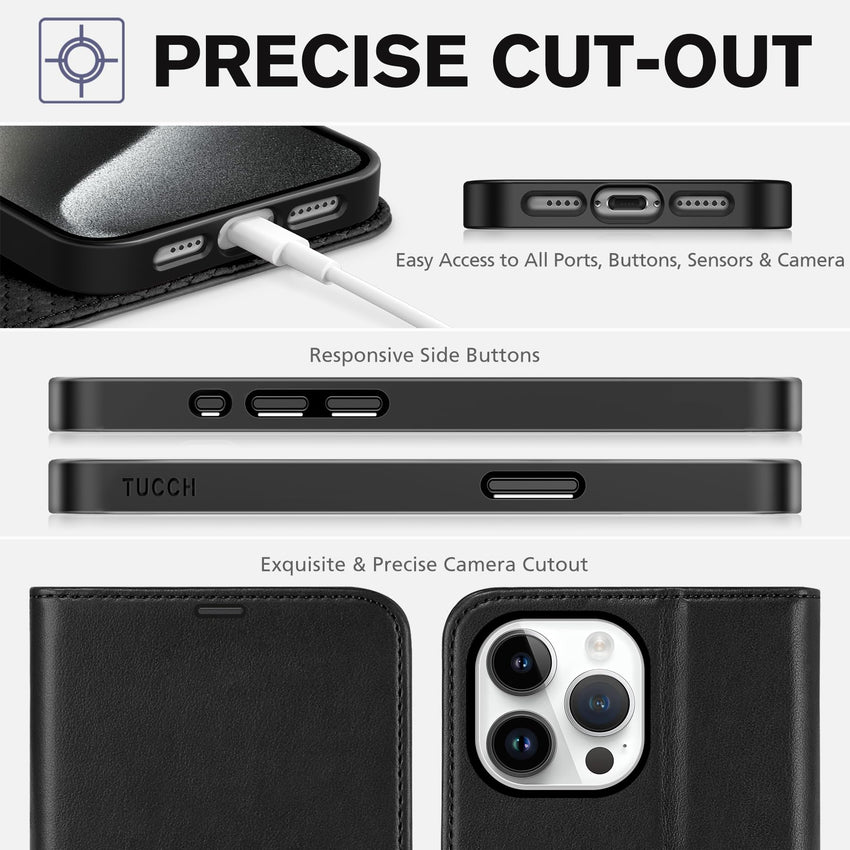iPhone 15 Pro Max, RFID Blocking 4 Card Holder Kickstand Shockproof TPU Inner Case, PU Leather Magnetic Flip Folio Cover, Black - 7DAY'S