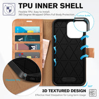 iPhone 15 Pro Max, RFID Blocking 4 Card Holder Kickstand Shockproof TPU Inner Case, PU Leather Magnetic Flip Folio Cover, Black - 7DAY'S