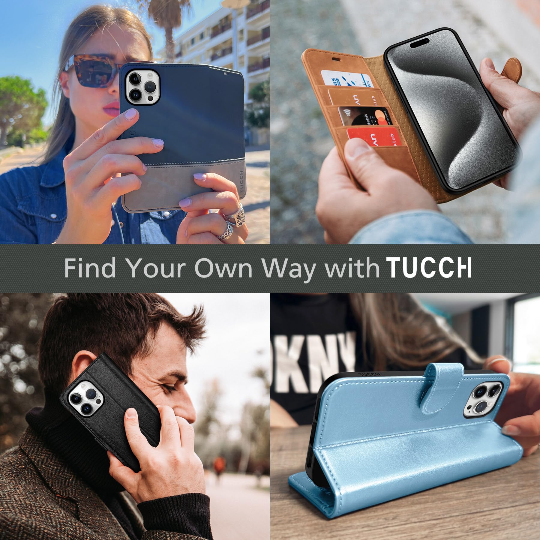 iPhone 15 Pro Max, RFID Blocking 4 Card Holder Kickstand Shockproof TPU Inner Case, PU Leather Magnetic Flip Folio Cover, Black - 7DAY'S