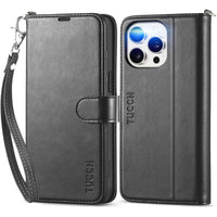 iPhone 15 Pro Max, RFID Blocking 4 Card Holder Kickstand Shockproof TPU Inner Case, PU Leather Magnetic Flip Folio Cover, Black - 7DAY'S