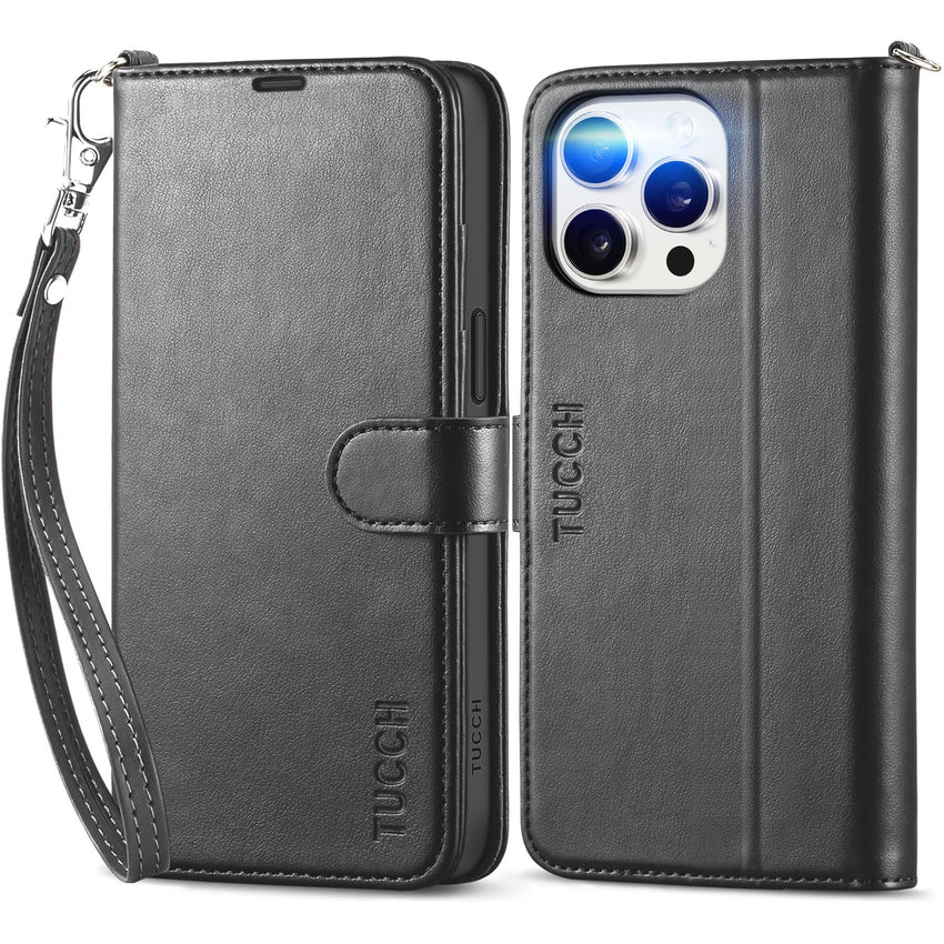 iPhone 15 Pro Max, RFID Blocking 4 Card Holder Kickstand Shockproof TPU Inner Case, PU Leather Magnetic Flip Folio Cover, Black - 7DAY'S