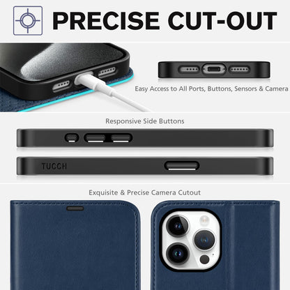 iPhone 15 Pro Max, RFID Blocking 4 Card Holder Kickstand Shockproof TPU Inner Case, PU Leather Magnetic Flip Folio Cover, Black - 7DAY'S