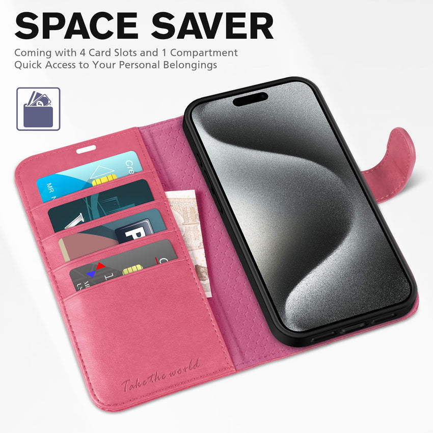 iPhone 15 Pro Max, RFID Blocking 4 Card Holder Kickstand Shockproof TPU Inner Case, PU Leather Magnetic Flip Folio Cover, Black - 7DAY'S