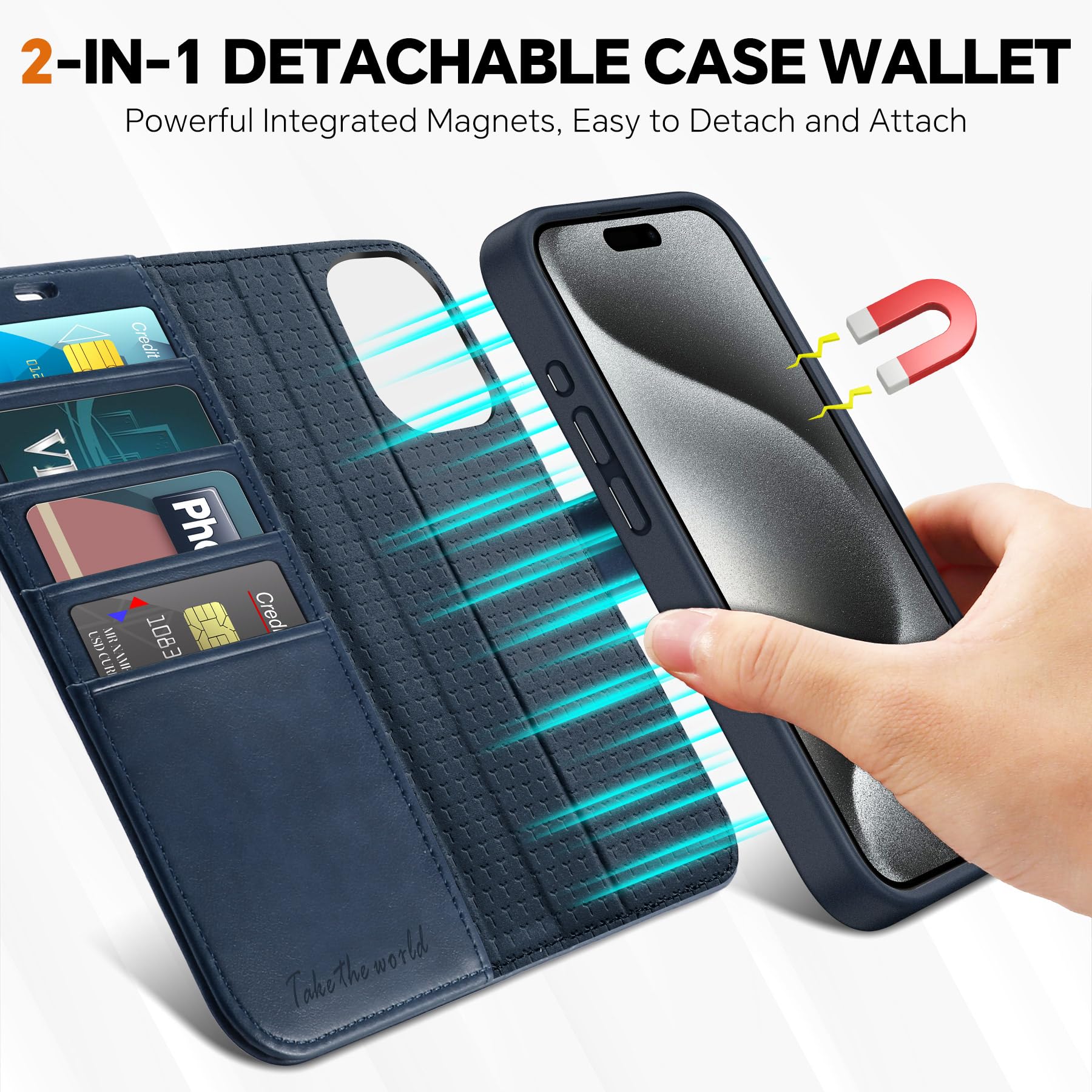 iPhone 15 Pro Max, RFID Blocking 4 Card Holder Kickstand Shockproof TPU Inner Case, PU Leather Magnetic Flip Folio Cover, Black - 7DAY'S