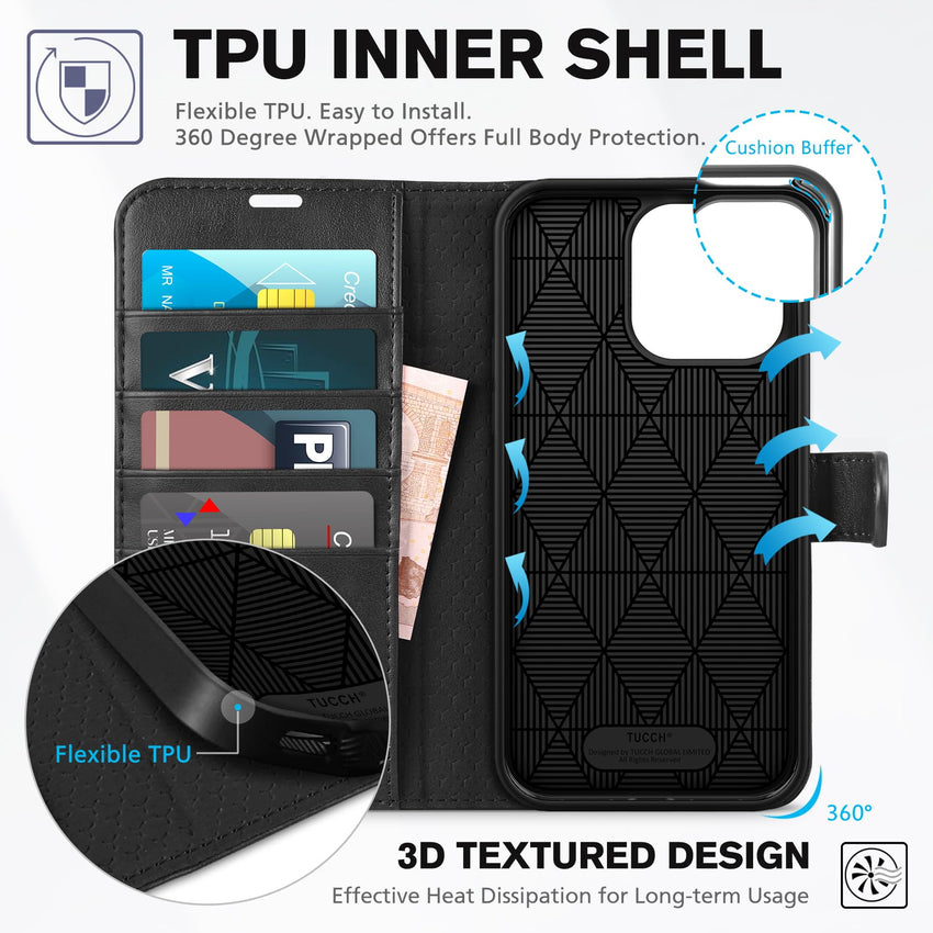 iPhone 15 Pro Max, RFID Blocking 4 Card Holder Kickstand Shockproof TPU Inner Case, PU Leather Magnetic Flip Folio Cover, Black - 7DAY'S