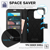iPhone 15 Pro Max, RFID Blocking 4 Card Holder Kickstand Shockproof TPU Inner Case, PU Leather Magnetic Flip Folio Cover, Black - 7DAY'S