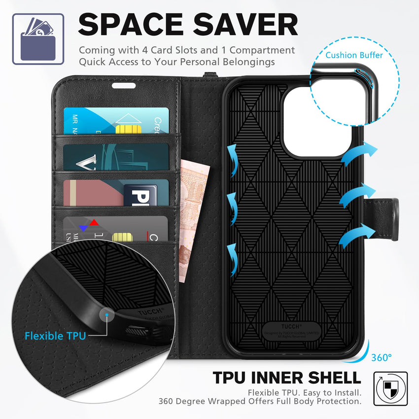 iPhone 15 Pro Max, RFID Blocking 4 Card Holder Kickstand Shockproof TPU Inner Case, PU Leather Magnetic Flip Folio Cover, Black - 7DAY'S