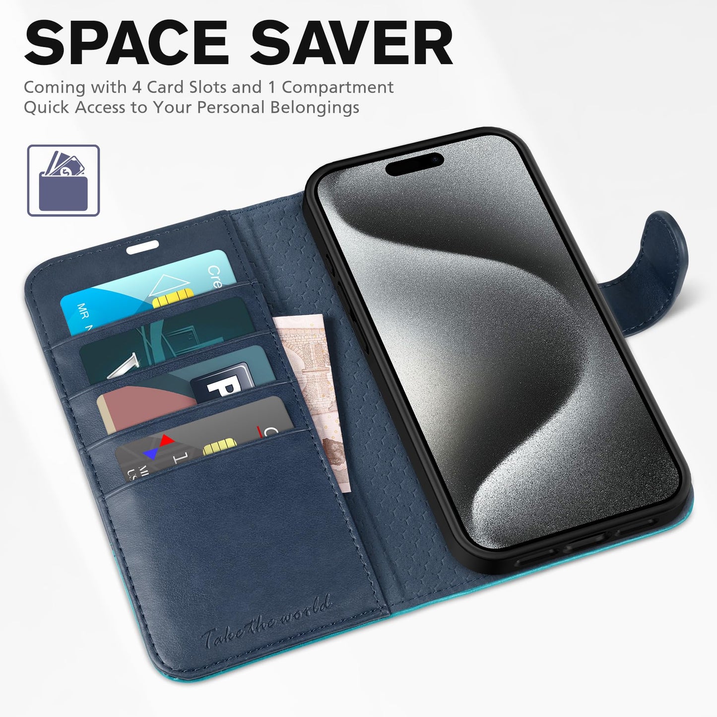 iPhone 15 Pro Max, RFID Blocking 4 Card Holder Kickstand Shockproof TPU Inner Case, PU Leather Magnetic Flip Folio Cover, Black - 7DAY'S