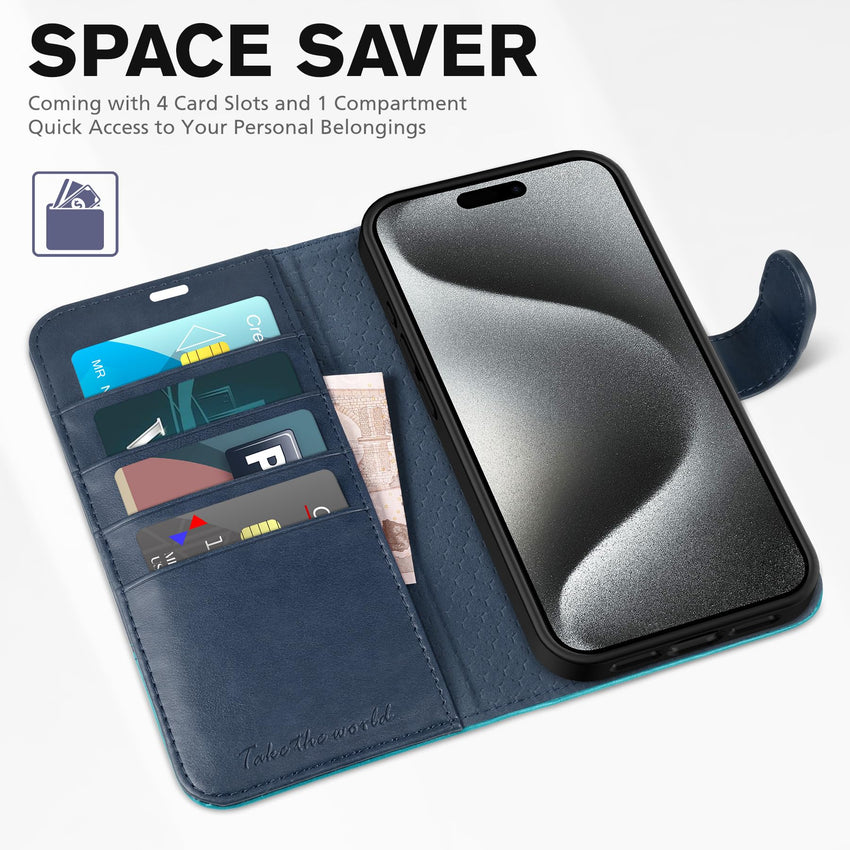 iPhone 15 Pro Max, RFID Blocking 4 Card Holder Kickstand Shockproof TPU Inner Case, PU Leather Magnetic Flip Folio Cover, Black - 7DAY'S