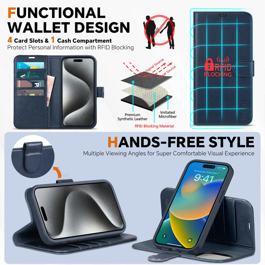 iPhone 15 Pro Max, RFID Blocking 4 Card Holder Kickstand Shockproof TPU Inner Case, PU Leather Magnetic Flip Folio Cover, Black - 7DAY'S