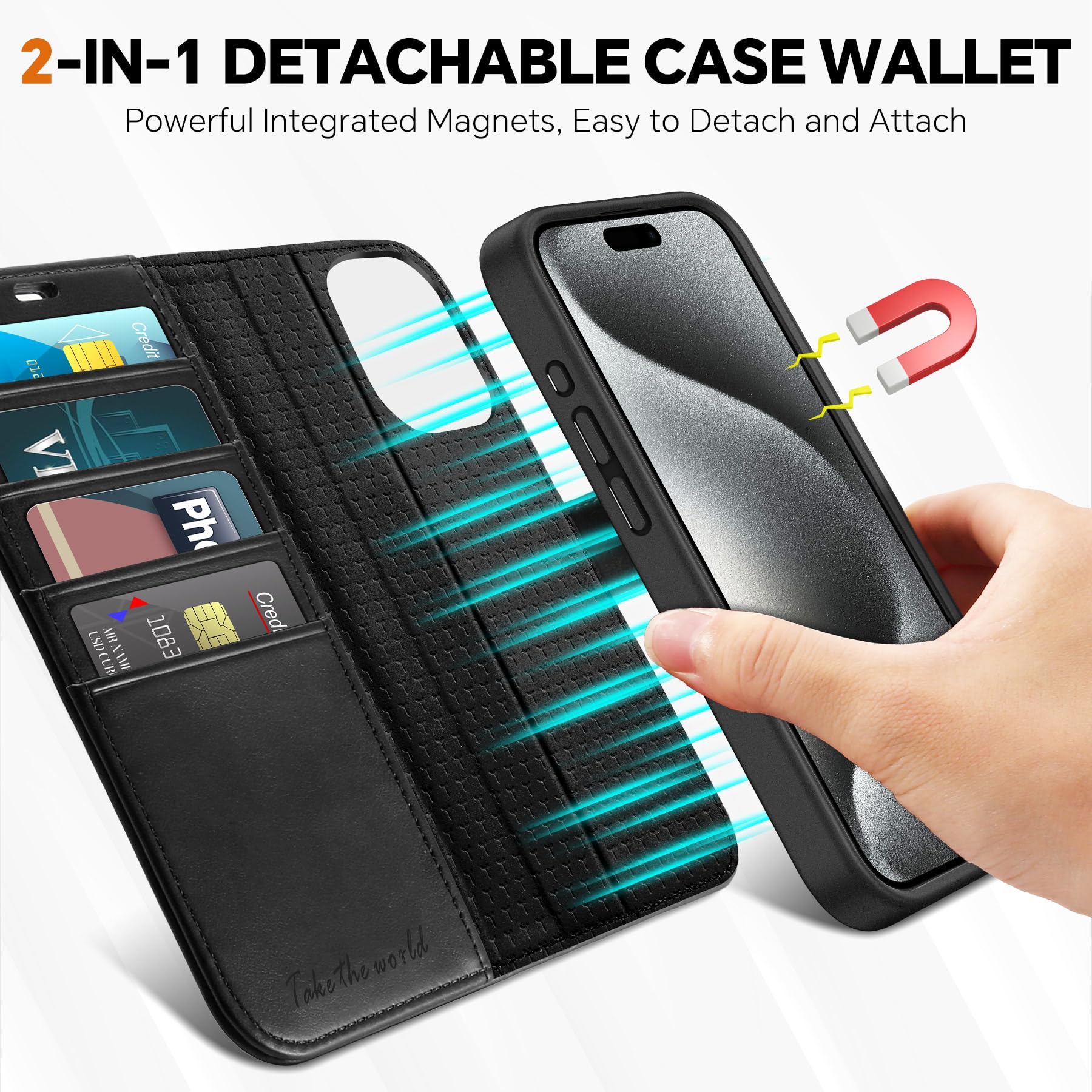 iPhone 15 Pro Max, RFID Blocking 4 Card Holder Kickstand Shockproof TPU Inner Case, PU Leather Magnetic Flip Folio Cover, Black - 7DAY'S