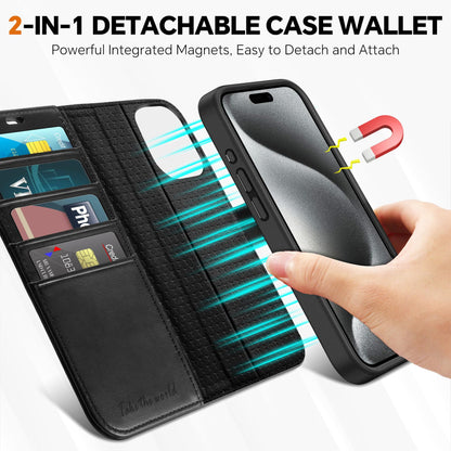 iPhone 15 Pro Max, RFID Blocking 4 Card Holder Kickstand Shockproof TPU Inner Case, PU Leather Magnetic Flip Folio Cover, Black - 7DAY'S