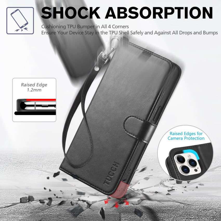 iPhone 15 Pro Max, RFID Blocking 4 Card Holder Kickstand Shockproof TPU Inner Case, PU Leather Magnetic Flip Folio Cover, Black - 7DAY'S