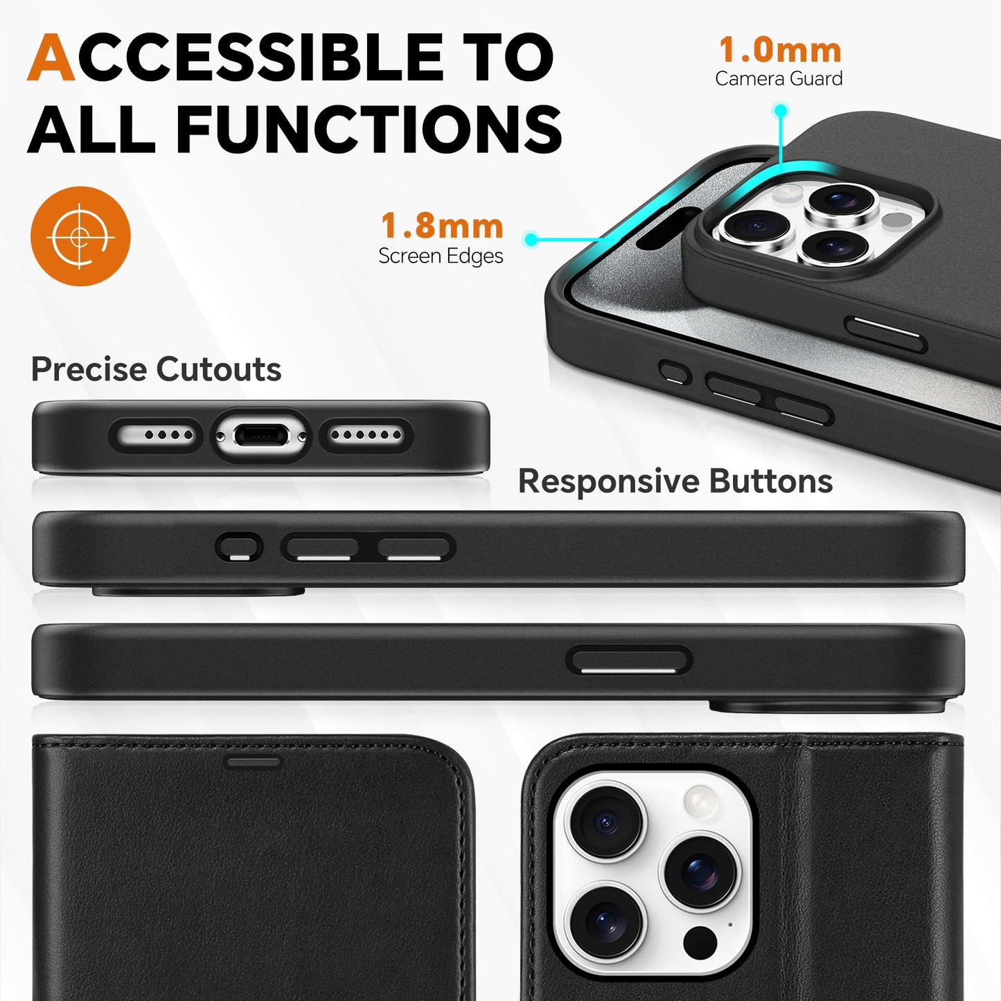iPhone 15 Pro Max, RFID Blocking 4 Card Holder Kickstand Shockproof TPU Inner Case, PU Leather Magnetic Flip Folio Cover, Black - 7DAY'S