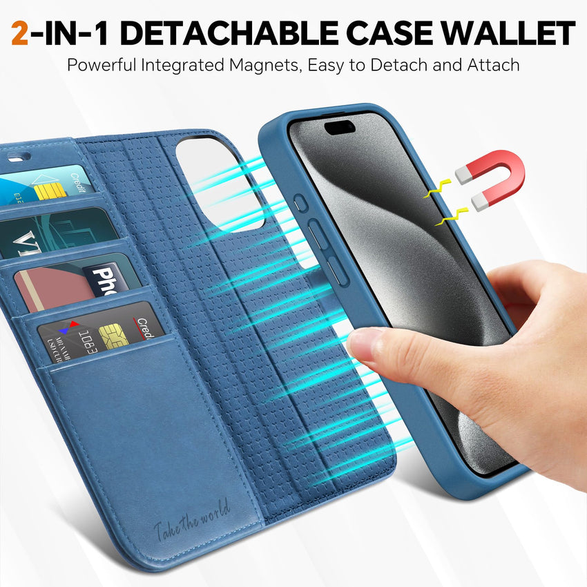 iPhone 15 Pro Max, RFID Blocking 4 Card Holder Kickstand Shockproof TPU Inner Case, PU Leather Magnetic Flip Folio Cover, Black - 7DAY'S