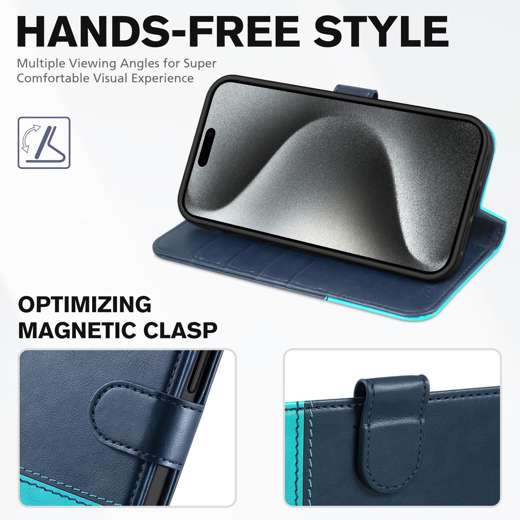 iPhone 15 Pro Max, RFID Blocking 4 Card Holder Kickstand Shockproof TPU Inner Case, PU Leather Magnetic Flip Folio Cover, Black - 7DAY'S