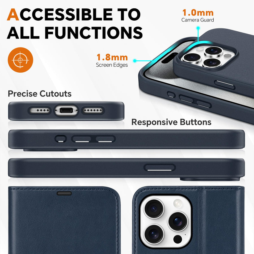 iPhone 15 Pro Max, RFID Blocking 4 Card Holder Kickstand Shockproof TPU Inner Case, PU Leather Magnetic Flip Folio Cover, Black - 7DAY'S