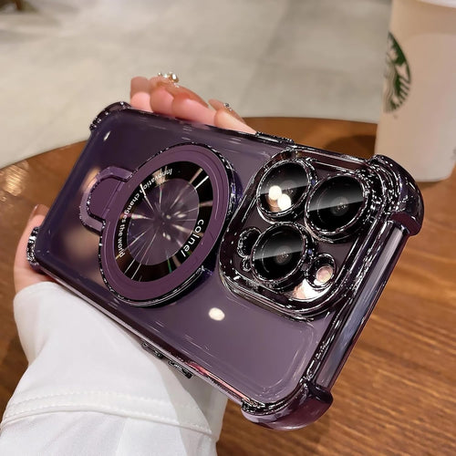 iPhone 16 Pro Max Case with Integrated Lens Protection, [Foldable Stand & Ring Holder], Glossy Shockproof Bumper Stylish Women Case for iPhone 16 Pro Max, Purple