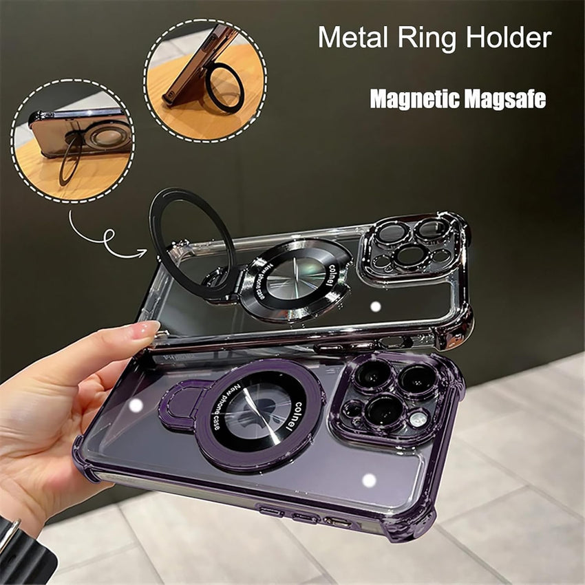 iPhone 16 Pro Max Case with Integrated Lens Protection, [Foldable Stand & Ring Holder], Glossy Shockproof Bumper Stylish Women Case for iPhone 16 Pro Max, Purple - 7DAY'S