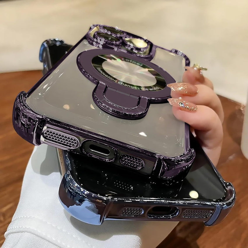 iPhone 16 Pro Max Case with Integrated Lens Protection, [Foldable Stand & Ring Holder], Glossy Shockproof Bumper Stylish Women Case for iPhone 16 Pro Max, Purple - 7DAY'S