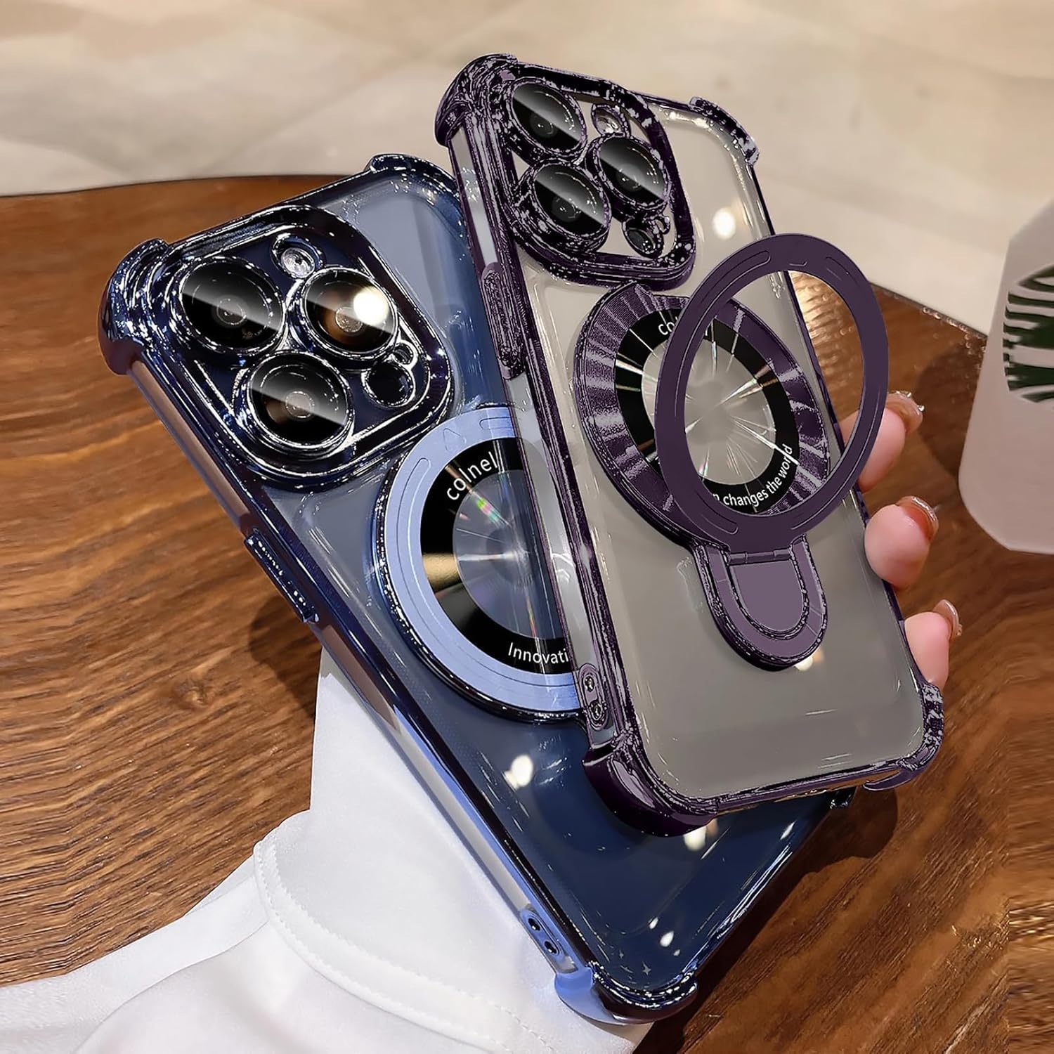 iPhone 16 Pro Max Case with Integrated Lens Protection, [Foldable Stand & Ring Holder], Glossy Shockproof Bumper Stylish Women Case for iPhone 16 Pro Max, Purple - 7DAY'S
