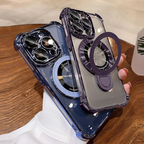 iPhone 16 Pro Max Case with Integrated Lens Protection, [Foldable Stand & Ring Holder], Glossy Shockproof Bumper Stylish Women Case for iPhone 16 Pro Max, Purple - 7DAY'S