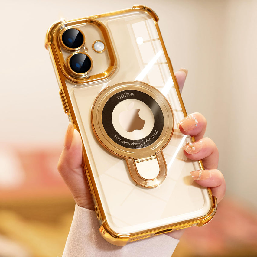 iPhone 16 Pro Max Case with Integrated Lens Protection, [Foldable Stand & Ring Holder] [Raised Cushioning Guard], Glitter Metallic Glossy Bumper Women Case 6.9 inch, Gold - 7DAY'S