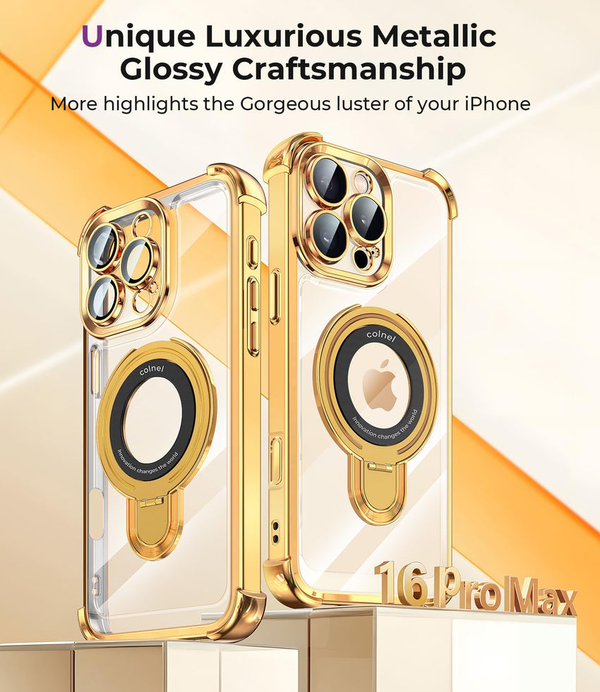 iPhone 16 Pro Max Case with Integrated Lens Protection, [Foldable Stand & Ring Holder] [Raised Cushioning Guard], Glitter Metallic Glossy Bumper Women Case 6.9 inch, Gold - 7DAY'S