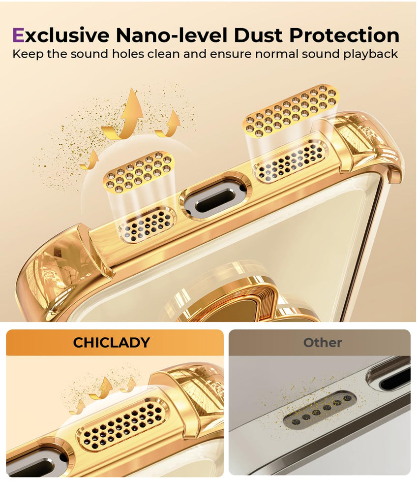 iPhone 16 Pro Max Case with Integrated Lens Protection, [Foldable Stand & Ring Holder] [Raised Cushioning Guard], Glitter Metallic Glossy Bumper Women Case 6.9 inch, Gold - 7DAY'S
