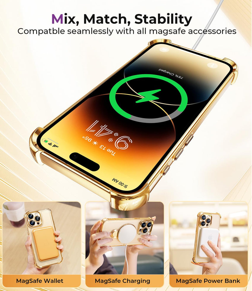 iPhone 16 Pro Max Case with Integrated Lens Protection, [Foldable Stand & Ring Holder] [Raised Cushioning Guard], Glitter Metallic Glossy Bumper Women Case 6.9 inch, Gold - 7DAY'S