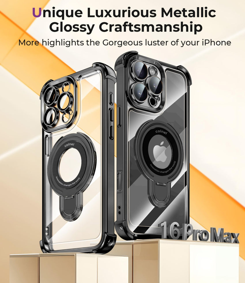 iPhone 16 Pro Max Case with Integrated Lens Protection, [Foldable Stand & Ring Holder] [Raised Cushioning Guard], Glitter Metallic Glossy Bumper Women Case 6.9 inch, Gold - 7DAY'S