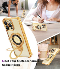 iPhone 16 Pro Max Case with Integrated Lens Protection, [Foldable Stand & Ring Holder] [Raised Cushioning Guard], Glitter Metallic Glossy Bumper Women Case 6.9 inch, Gold - 7DAY'S