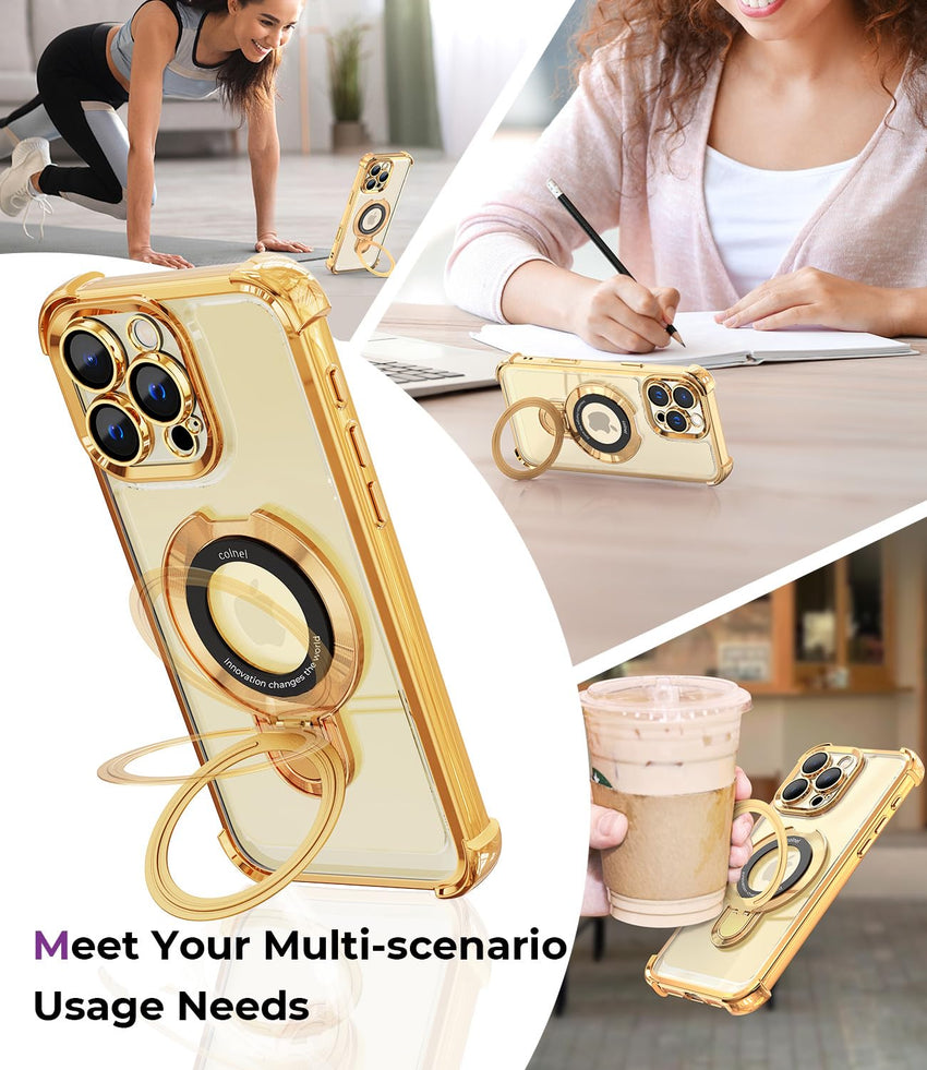 iPhone 16 Pro Max Case with Integrated Lens Protection, [Foldable Stand & Ring Holder] [Raised Cushioning Guard], Glitter Metallic Glossy Bumper Women Case 6.9 inch, Gold - 7DAY'S