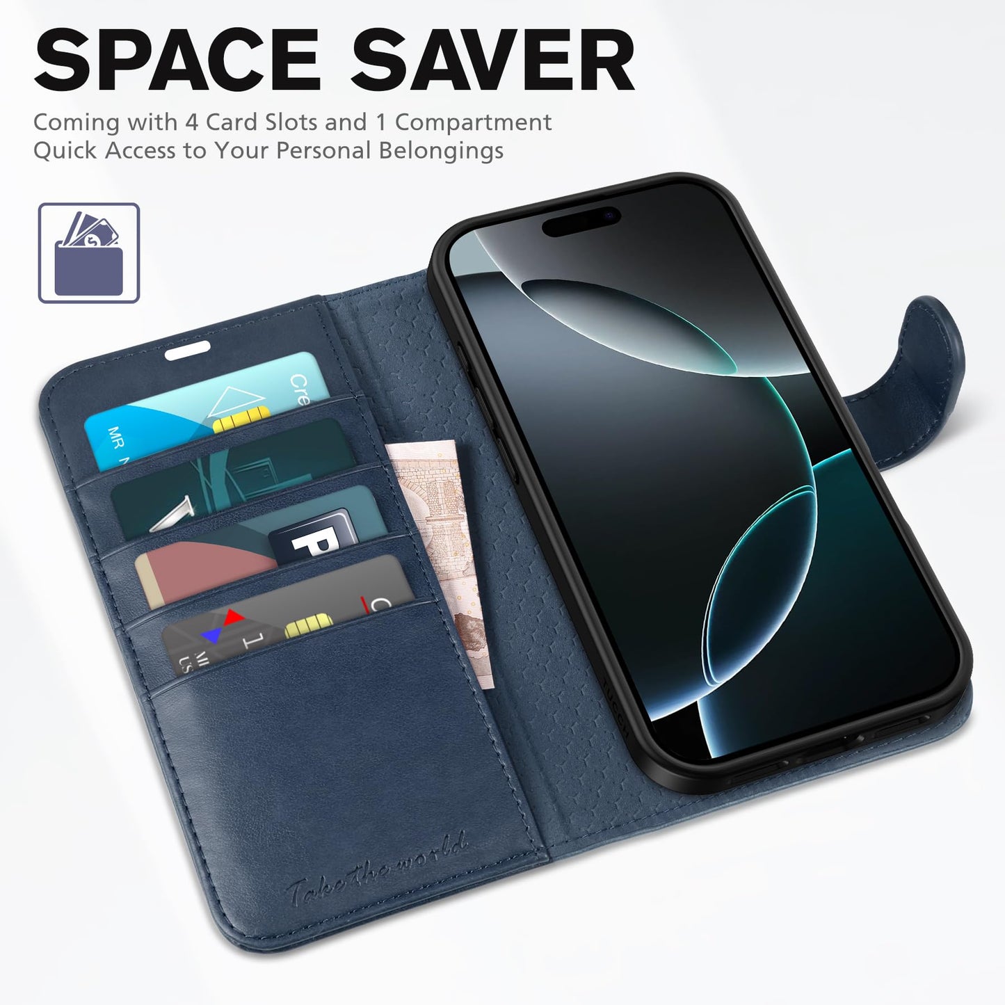 iPhone 16 Pro Max, RFID Blocking [4 Card Holders] Kickstand Shockproof TPU Interior Shell, PU Leather Magnetic Flip Folio Cover 2024, Black - 7DAY'S