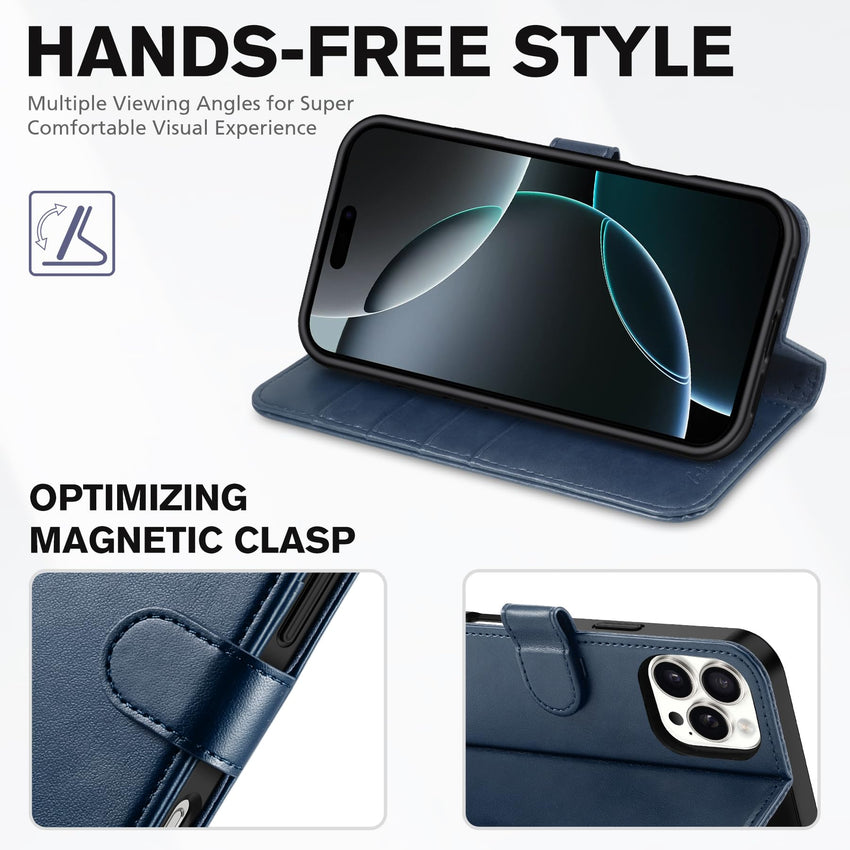 iPhone 16 Pro Max, RFID Blocking [4 Card Holders] Kickstand Shockproof TPU Interior Shell, PU Leather Magnetic Flip Folio Cover 2024, Black - 7DAY'S
