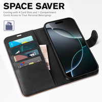 iPhone 16 Pro Max, RFID Blocking [4 Card Holders] Kickstand Shockproof TPU Interior Shell, PU Leather Magnetic Flip Folio Cover 2024, Black - 7DAY'S