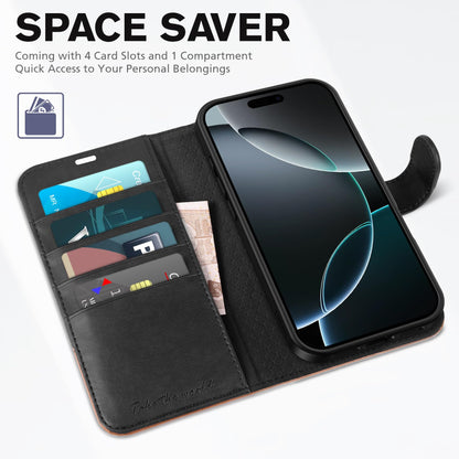 iPhone 16 Pro Max, RFID Blocking [4 Card Holders] Kickstand Shockproof TPU Interior Shell, PU Leather Magnetic Flip Folio Cover 2024, Black - 7DAY'S