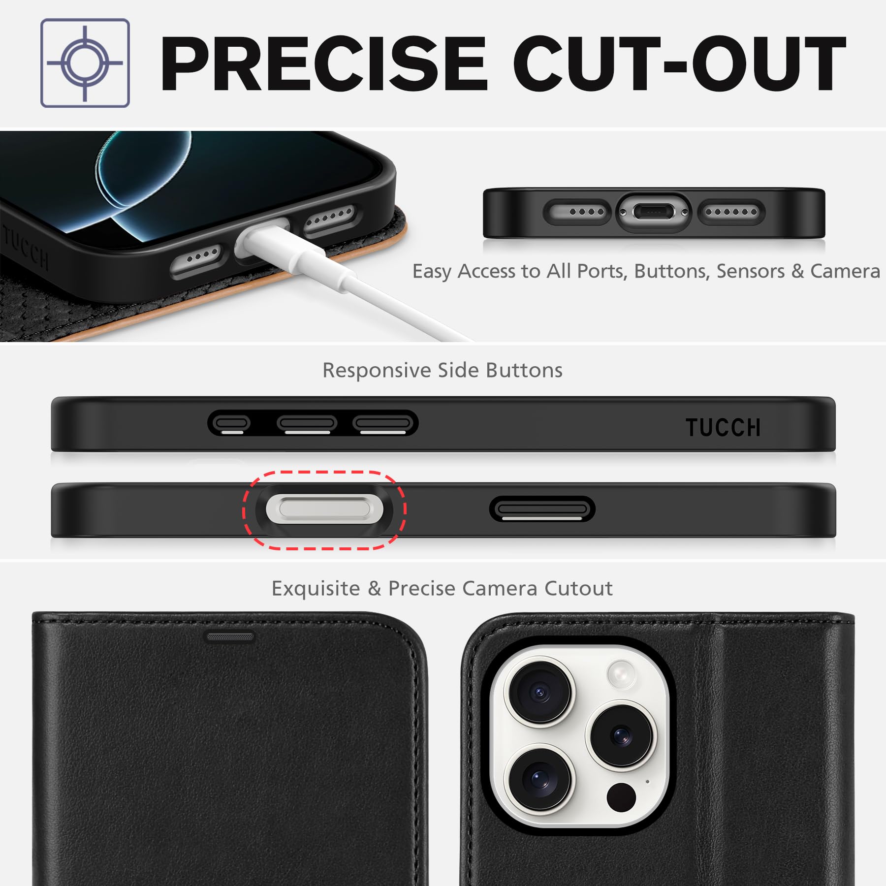 iPhone 16 Pro Max, RFID Blocking [4 Card Holders] Kickstand Shockproof TPU Interior Shell, PU Leather Magnetic Flip Folio Cover 2024, Black - 7DAY'S