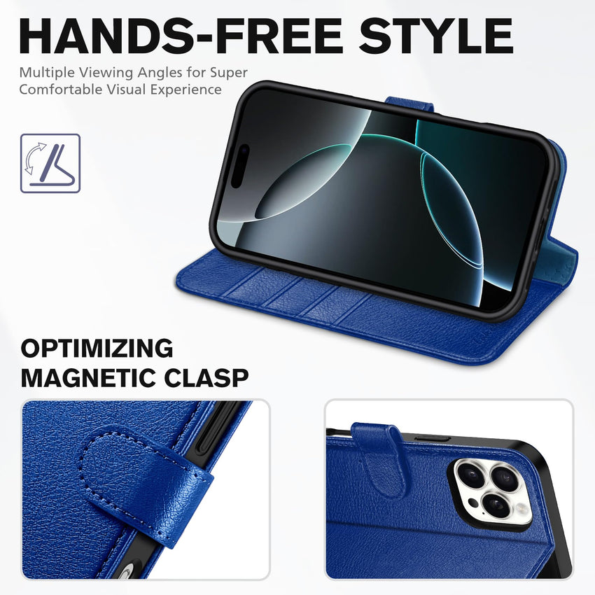 iPhone 16 Pro Max, RFID Blocking [4 Card Holders] Kickstand Shockproof TPU Interior Shell, PU Leather Magnetic Flip Folio Cover 2024, Black - 7DAY'S